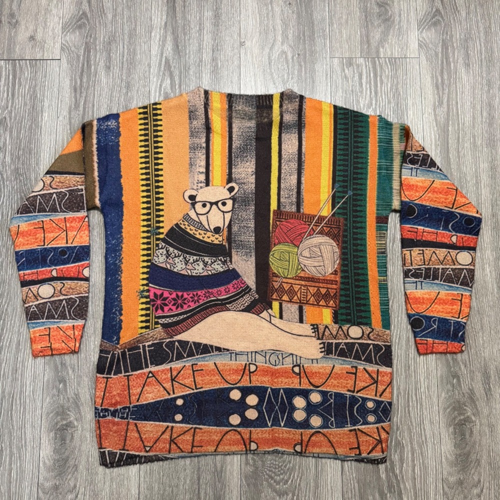 Women Wool Cotton Sweater L Oversized Polar Bear Knitting Graphic Novelty Orange - Picture 10 of 12
